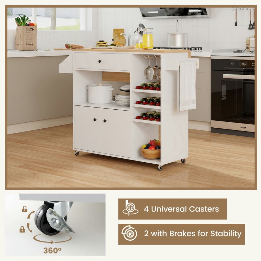 Hommoo Drop Leaf Mobile Kitchen Island Cart with Power Outlet and Adjustable Shelf-White, Island Table for Image 3