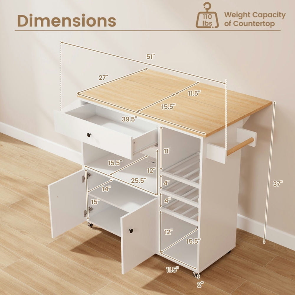 Hommoo Drop Leaf Mobile Kitchen Island Cart with Power Outlet and Adjustable Shelf-White, Island Table for Image 4