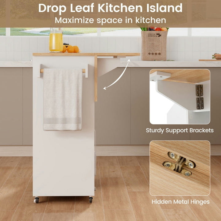 Hommoo Drop Leaf Mobile Kitchen Island Cart with Power Outlet and Adjustable Shelf-White, Island Table for Image 5