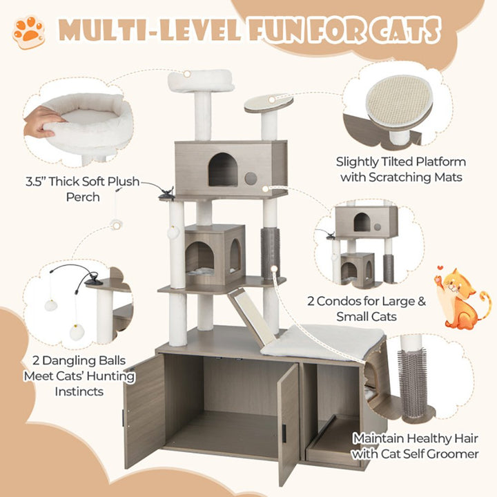 Hommoo Cat Tower, Cat Tree for Indoor Cats, Cat Tree with Litter Box Enclosure for Indoor Cars-Gray for Kittens, Elderly Image 3