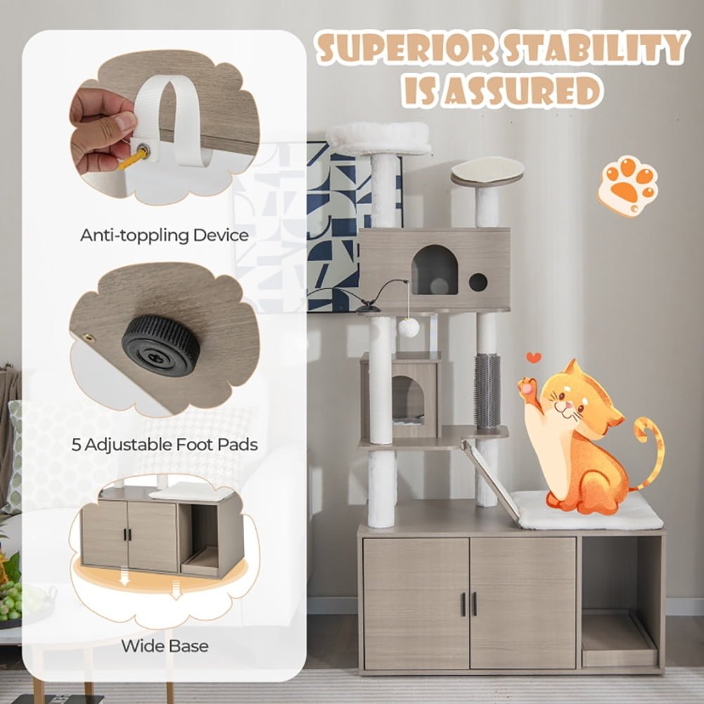 Hommoo Cat Tower, Cat Tree for Indoor Cats, Cat Tree with Litter Box Enclosure for Indoor Cars-Gray for Kittens, Elderly Image 5