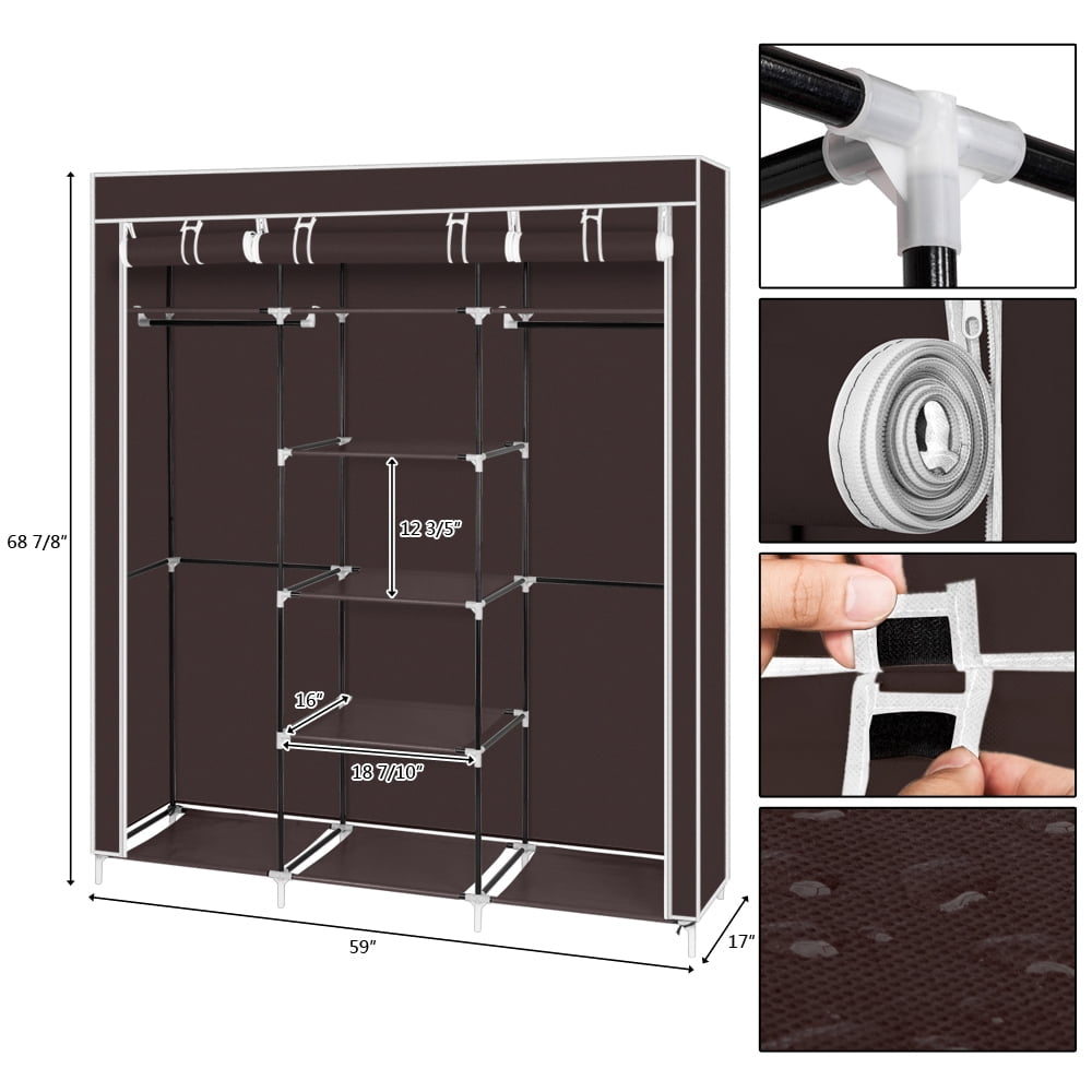 Hommoo 69" Portable Closet, Double Rod Storage Organizer Wardrobe, Dark Brown Image 2