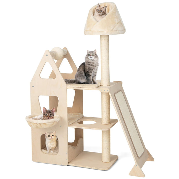 Hommoo Cat Tower, Cat Tree for Indoor Cats, Multi-Level Cat Tree with Sisal Scratching Post-Beige for Kittens, Elderly Image 1