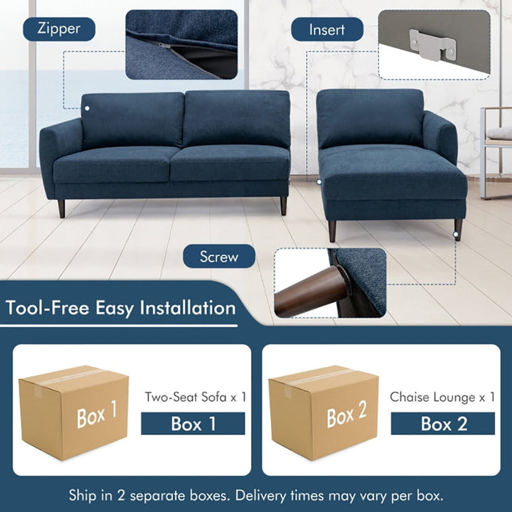 Hommoo Loveseat Sofa, Modern Couch, L-Shaped Fabric Sectional Sofa with Chaise Lounge and Solid Wood Legs-Navy Image 3