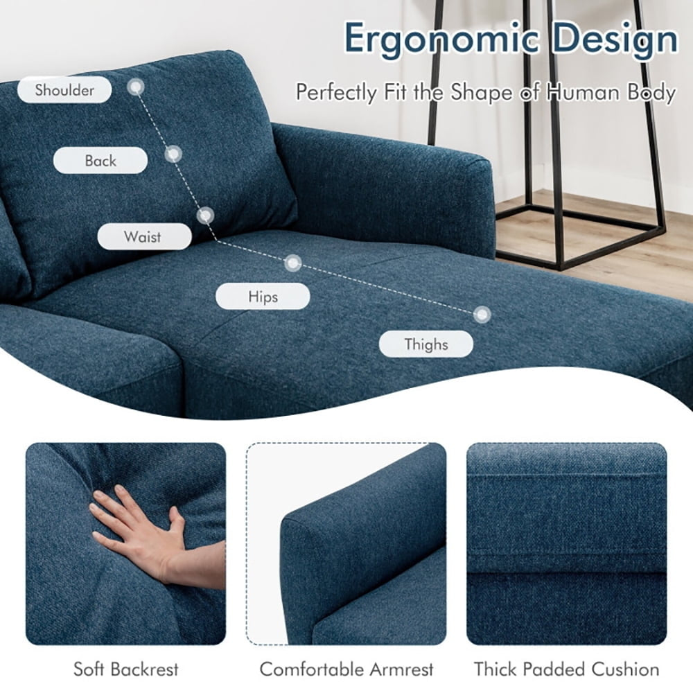 Hommoo Loveseat Sofa, Modern Couch, L-Shaped Fabric Sectional Sofa with Chaise Lounge and Solid Wood Legs-Navy Image 4