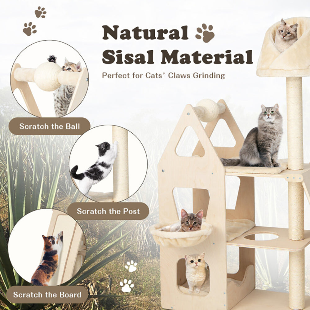 Hommoo Cat Tower, Cat Tree for Indoor Cats, Multi-Level Cat Tree with Sisal Scratching Post-Beige for Kittens, Elderly Image 2