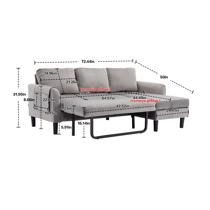 Hommoo L Shaped 4-Seat Sleeper Sectional Sofa Couch Pull-Out Bed and Storage Chaise Lounge, Gray Image 4