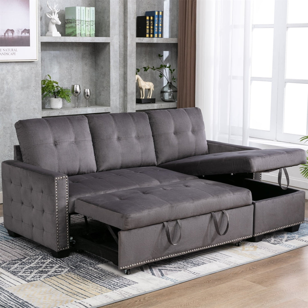 Hommoo Velvet Fabric 77" Pull-Out Sleeper Sofa Bed with Storage Chaise, 3-Seat L-Shaped Sectional Sofa Couch, Dark Grey Image 1