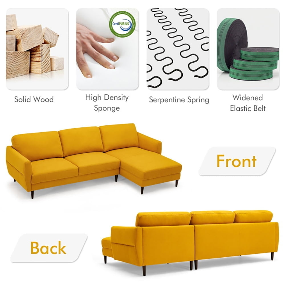 Hommoo Loveseat Sofa, Modern Couch, L-Shaped Fabric Sectional Sofa with Chaise Lounge and Solid Wood Legs-Yellow Image 3