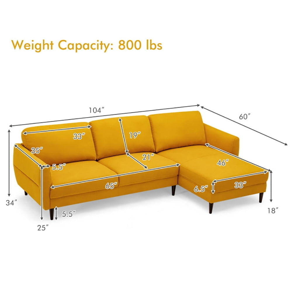 Hommoo Loveseat Sofa, Modern Couch, L-Shaped Fabric Sectional Sofa with Chaise Lounge and Solid Wood Legs-Yellow Image 5