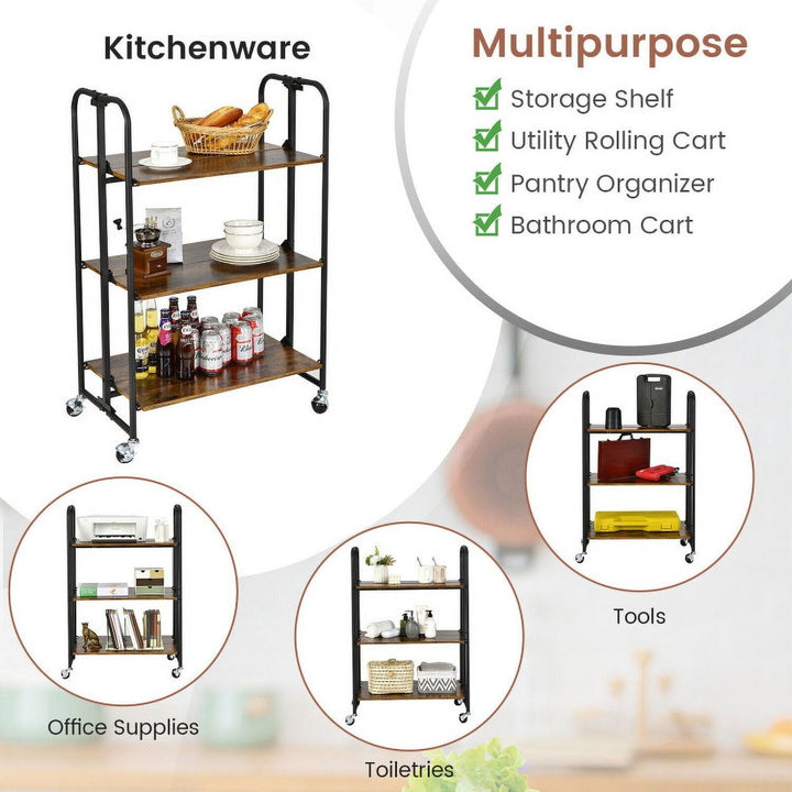 Hommoo Foldable Rolling Cart with Storage Shelves for Kitchen-3-Tier, Kitchen Island, Island Table for Kitchen,Dinning Image 5