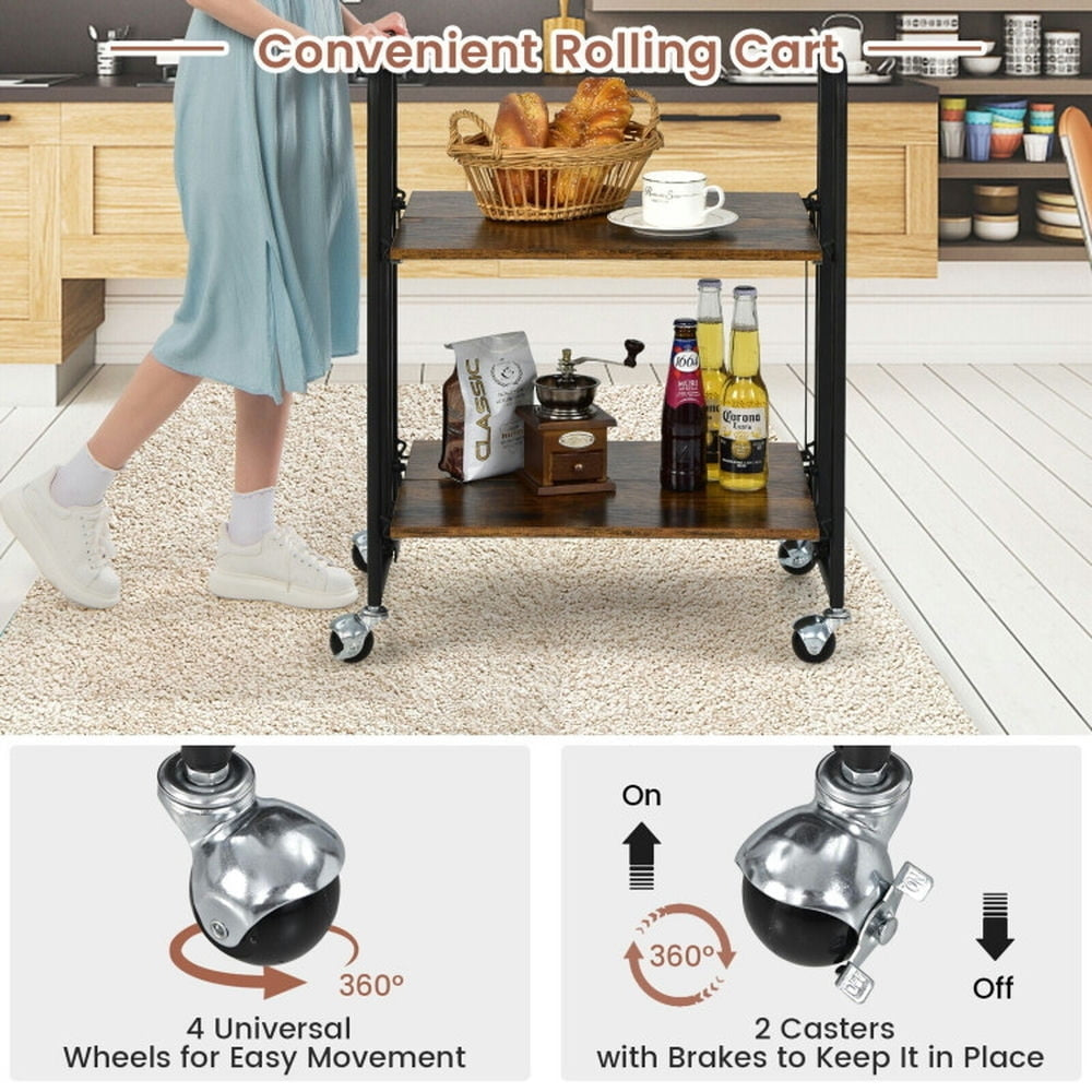 Hommoo Folding Rolling Cart with Metal Frame-2-Tier, Kitchen Island, Island Table for Kitchen,Dinning Room Image 2