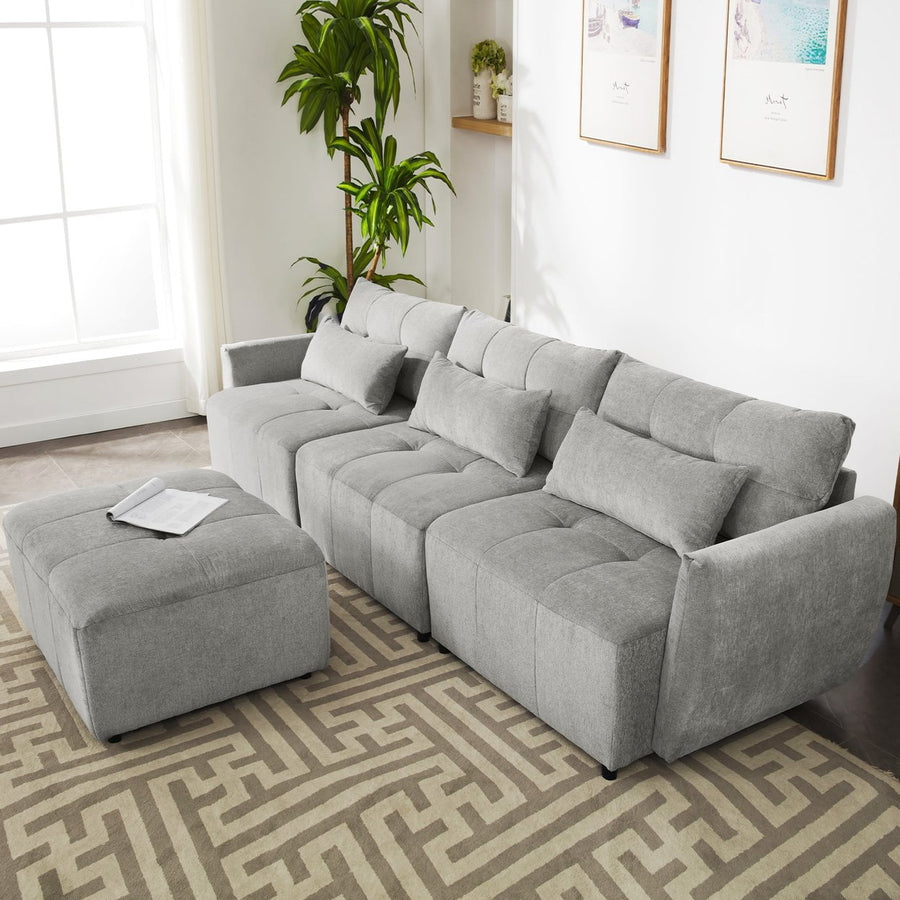 Hommoo Convertible Sectional Sofa Couch, Modern Linen Fabric L-Shaped Couch 3-Seat Sofa Sectional - Light Grey Image 1