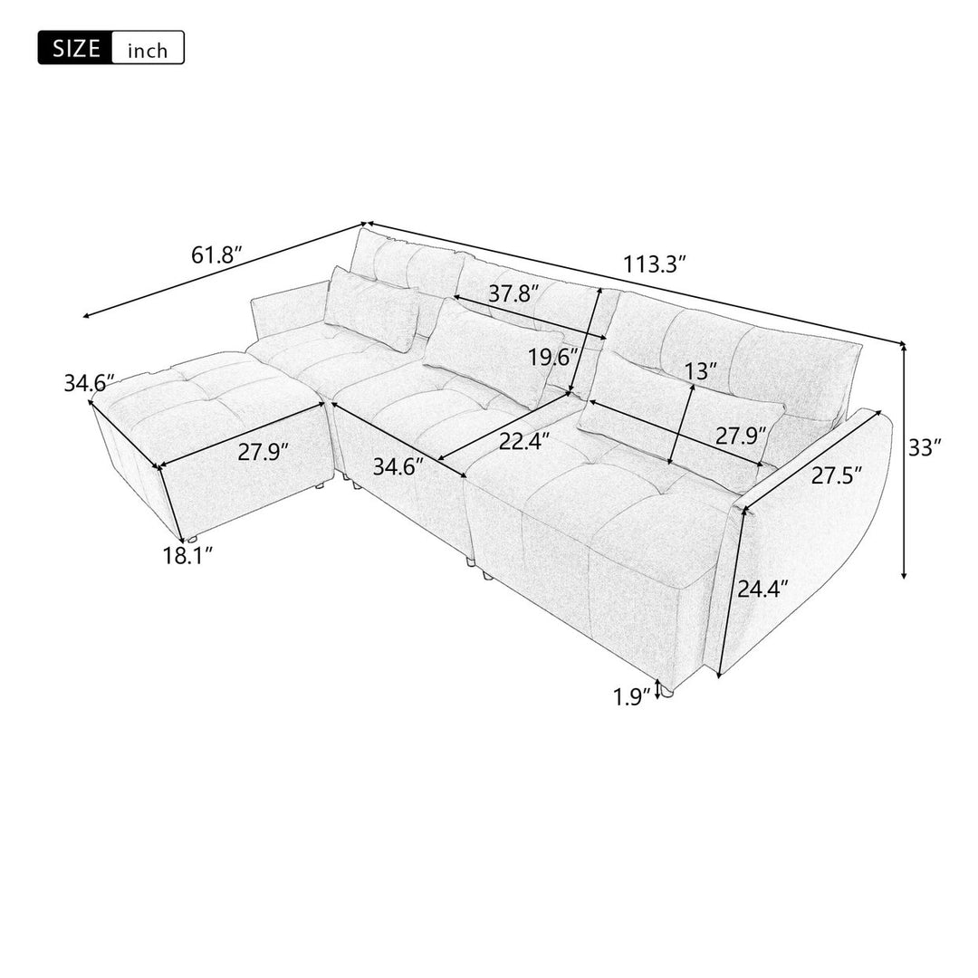 Hommoo Convertible Sectional Sofa Couch, Modern Linen Fabric L-Shaped Couch 3-Seat Sofa Sectional - Light Grey Image 2