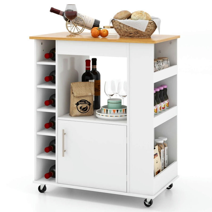 Hommoo Kitchen Cart on Wheels with Bamboo Top and 6-Bottle Wine Rack-White, Kitchen Island, Island Table for Image 1