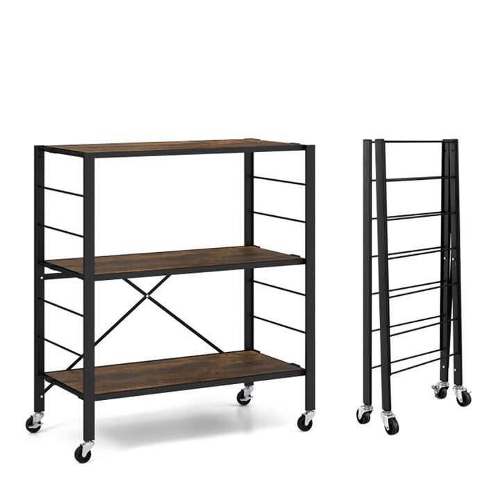 Hommoo 3-Tier Foldable Shelving Unit with Detachable Wheels and Adjustable Shelves-Black Image 1