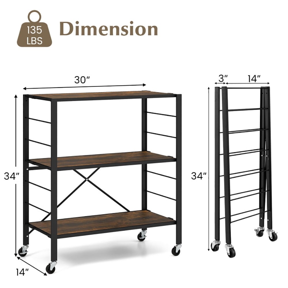 Hommoo 3-Tier Foldable Shelving Unit with Detachable Wheels and Adjustable Shelves-Black Image 2