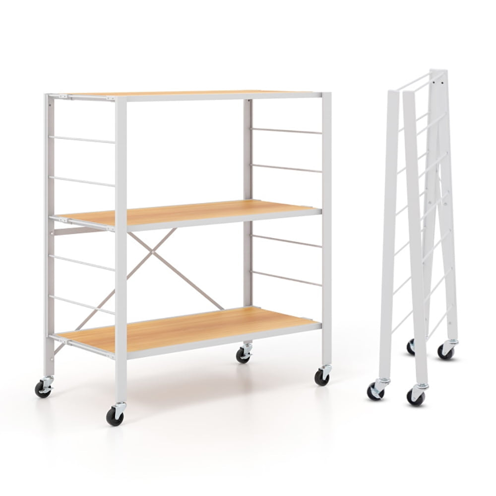 Hommoo 3-Tier Foldable Shelving Unit with Detachable Wheels and Adjustable Shelves-Natural Image 1