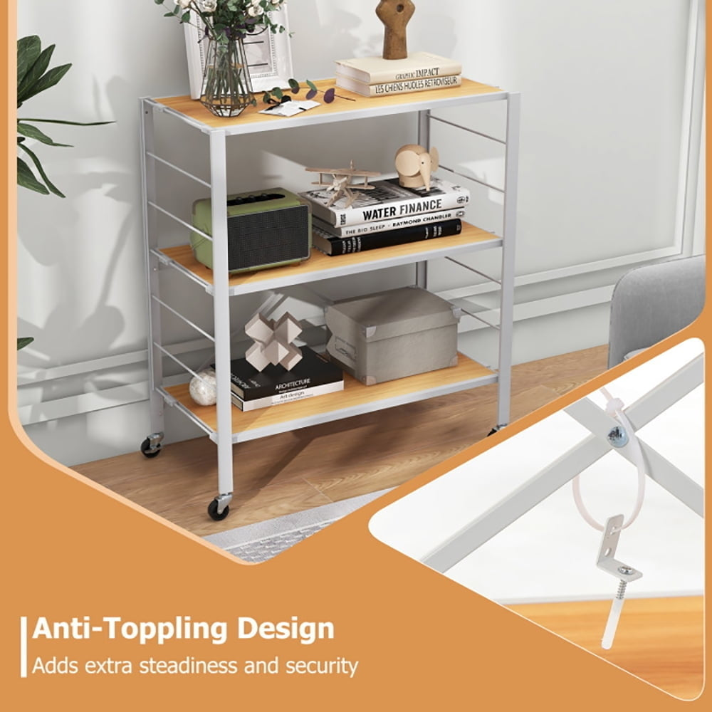 Hommoo 3-Tier Foldable Shelving Unit with Detachable Wheels and Adjustable Shelves-Natural Image 3