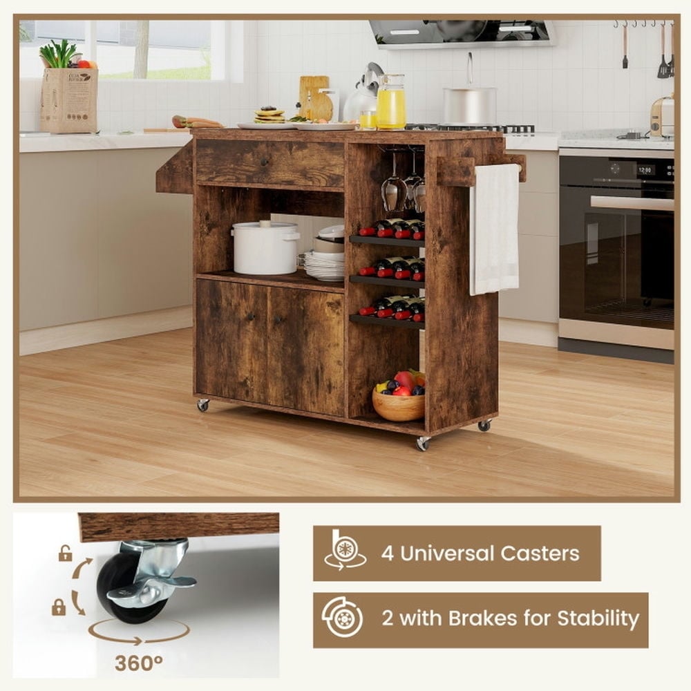 Hommoo Drop Leaf Mobile Kitchen Island Cart with Power Outlet and Adjustable Shelf-Rustic Brown, Island Table for Image 5