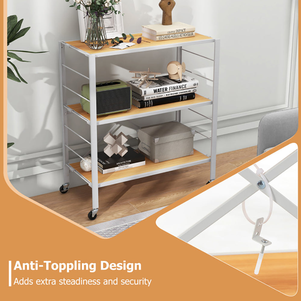 Hommoo 3-Tier Foldable Shelving Unit with Detachable Wheels and Adjustable Shelves-Natural Image 4