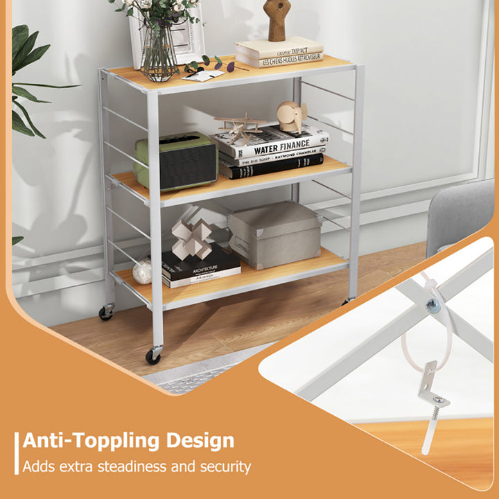 Hommoo 3-Tier Foldable Shelving Unit with Detachable Wheels and Adjustable Shelves-Natural Image 4