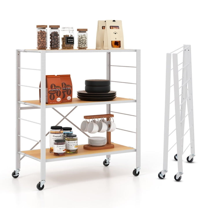 Hommoo 3-Tier Foldable Shelving Unit with Detachable Wheels and Adjustable Shelves-Natural Image 5