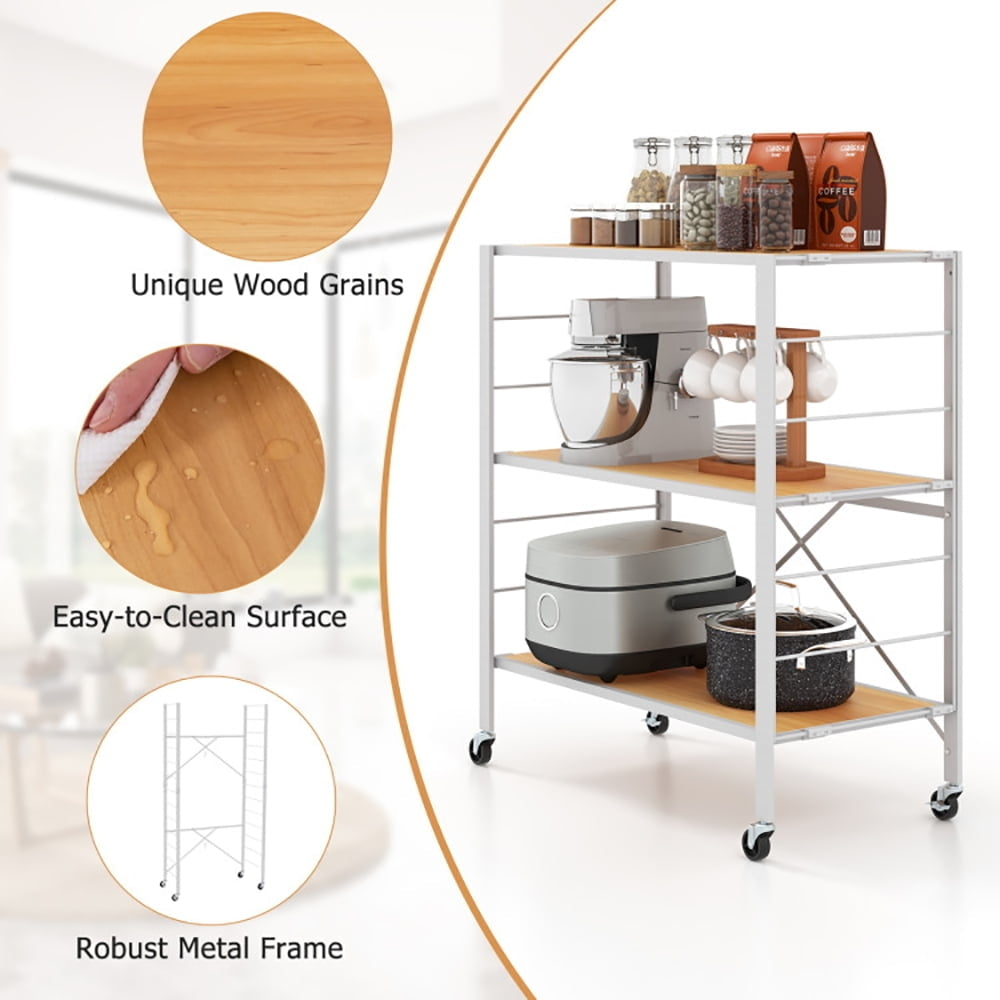 Hommoo 3-Tier Foldable Shelving Unit with Detachable Wheels and Adjustable Shelves-Natural Image 6