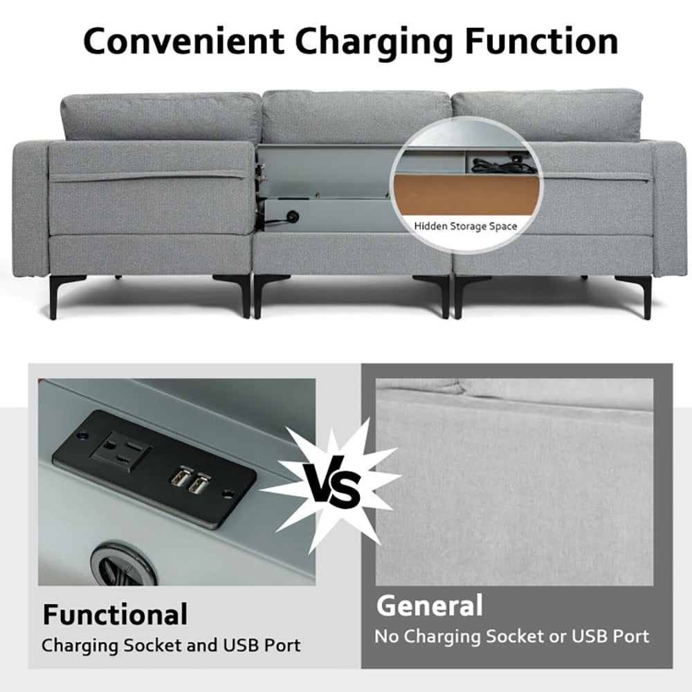 Hommoo Modular L-shaped Sectional Sofa with Reversible Chaise and 2 USB Ports-Dark Gray Image 3