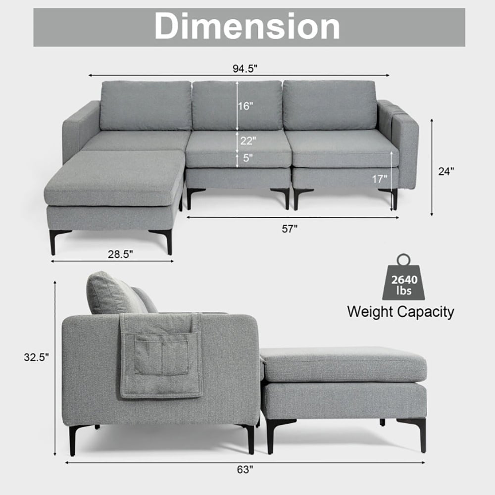 Hommoo Modular L-shaped Sectional Sofa with Reversible Chaise and 2 USB Ports-Dark Gray Image 6