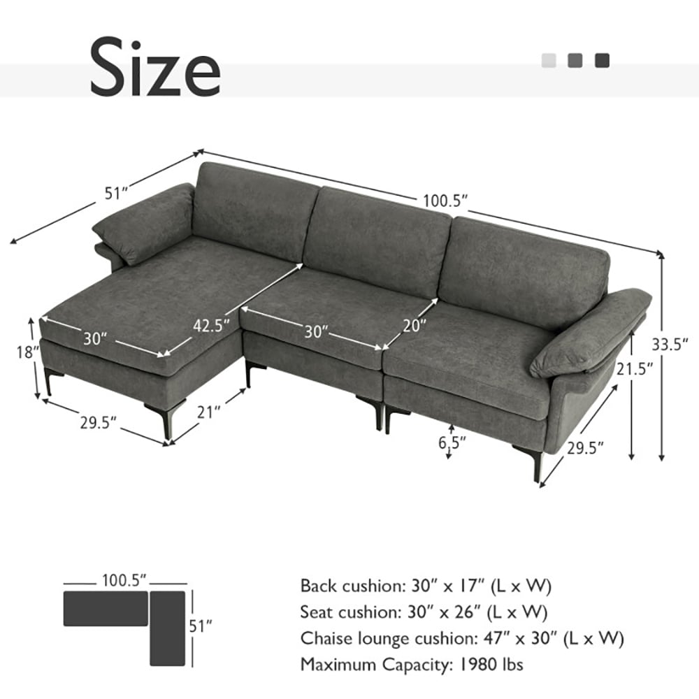 Hommoo Extra Large Modular L-shaped Sectional Sofa with Reversible Chaise for 4-5 People-Gray, Sectional Sofa Couch Image 6