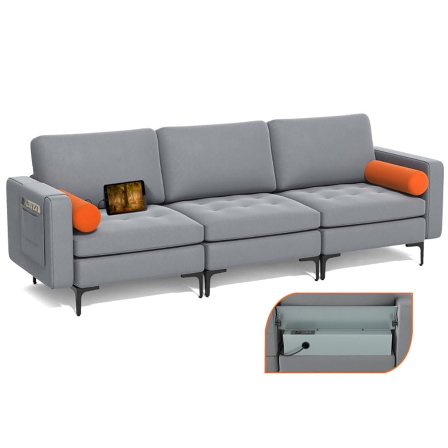 Hommoo Modular 3-Seat Sofa Couch with Socket USB Ports and Side Storage Pocket-Gray, Sectional Sofa Couch Living Room Image 1