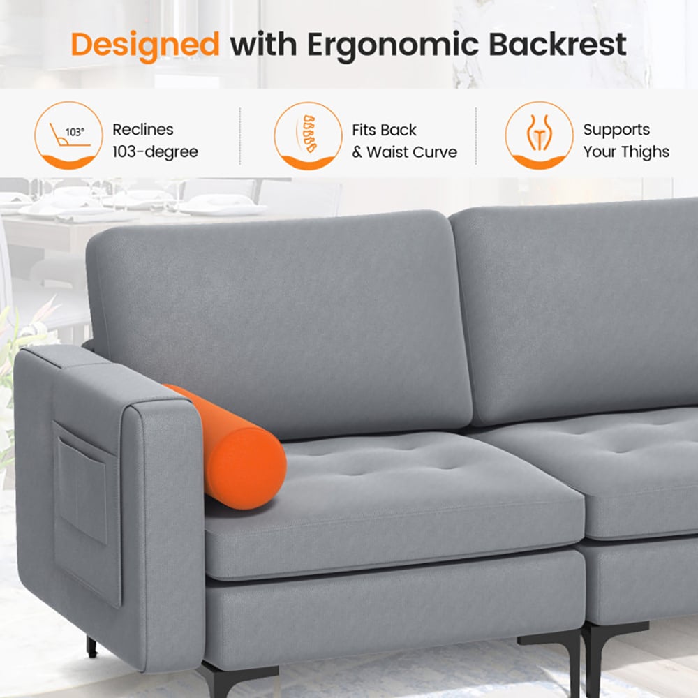 Hommoo Modular 3-Seat Sofa Couch with Socket USB Ports and Side Storage Pocket-Gray, Sectional Sofa Couch Living Room Image 2