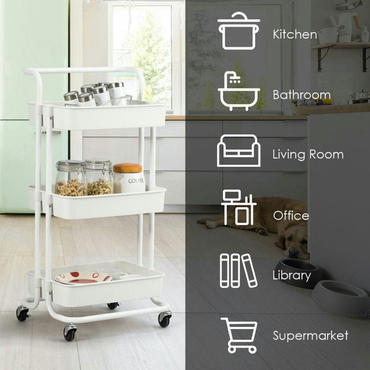 Hommoo 3-Tier Utility Cart Storage Rolling Cart with Casters-White, Kitchen Island, Island Table for Kitchen,Dinning Image 6