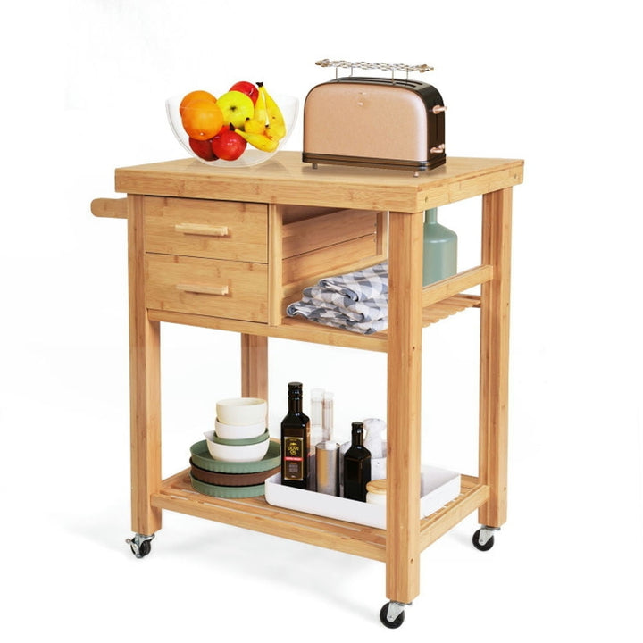 Hommoo Bamboo Kitchen Trolley Cart with Tower Rack and Drawers, Kitchen Island, Island Table for Kitchen,Dinning Room Image 1