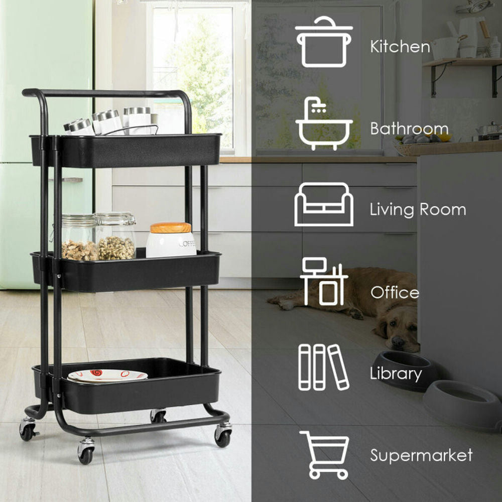 Hommoo 3-Tier Utility Cart Storage Rolling Cart with Casters-Black, Kitchen Island, Island Table for Kitchen,Dinning Image 6