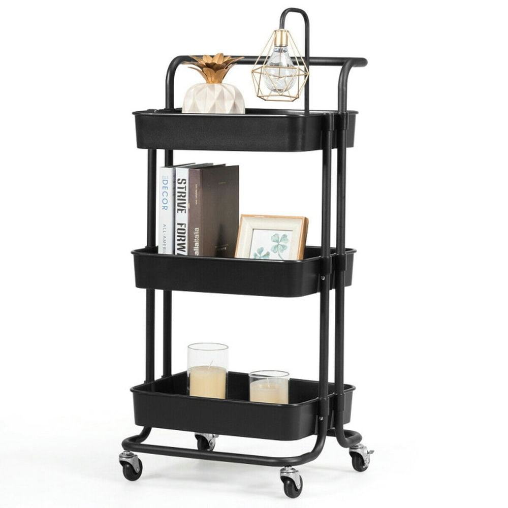 Hommoo 3-Tier Utility Cart Storage Rolling Cart with Casters-Black, Kitchen Island, Island Table for Kitchen,Dinning Image 7