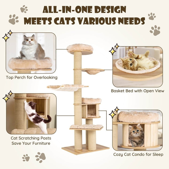 Hommoo Cat Tower, Cat Tree for Indoor Cats, Modern Tall Cat Tree Tower with Scratch Posts and Washable Mats-Beige Image 6