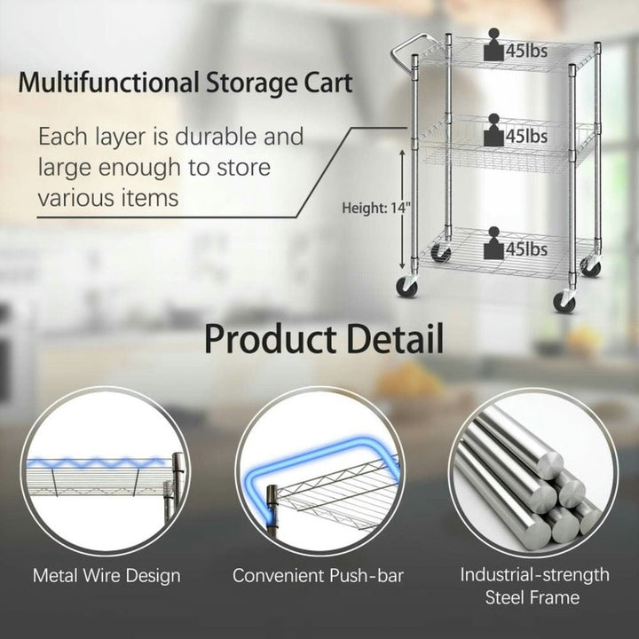 Hommoo 3-Tier Rolling Utility Cart with Handle Bar and Adjustable Shelves, Kitchen Island, Island Table for Image 4