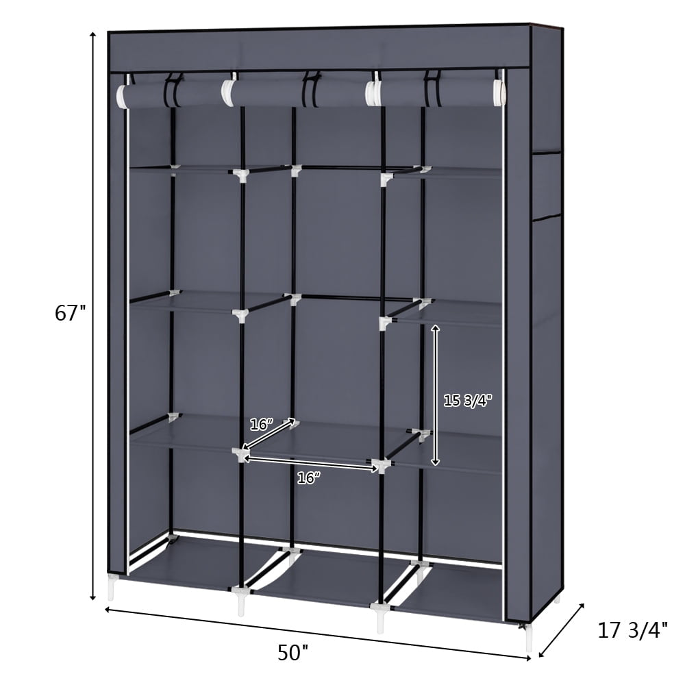 Hommoo 67" Fabric Clothes Closet Storage Organizer, Portable Wardrobe with Compartments and Rods, Gray Image 4