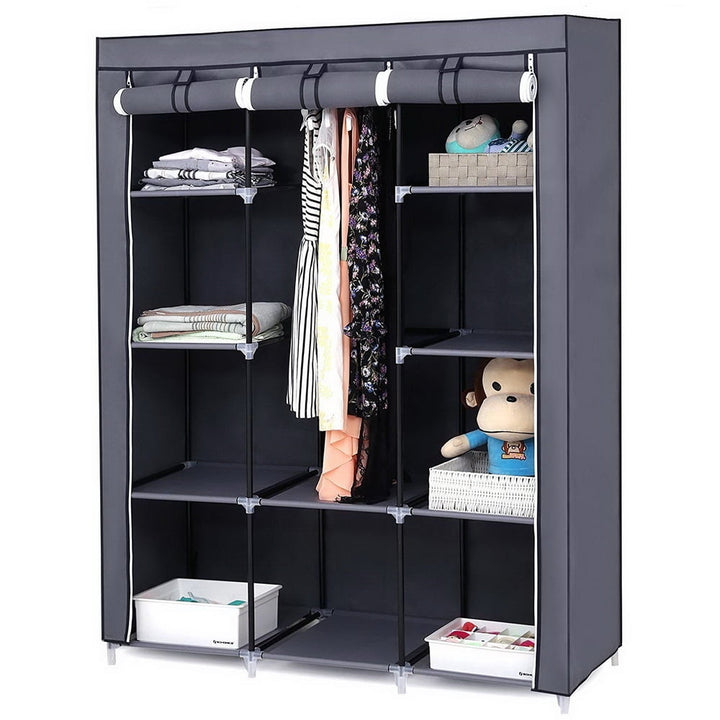 Hommoo 67" Fabric Clothes Closet Storage Organizer, Portable Wardrobe with Compartments and Rods, Gray Image 5