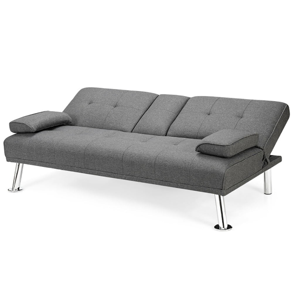 Hommoo Loveseat Sofa, Modern Couch, Convertible Folding Futon Sofa Bed Fabric with 2 Cup Holders-Light Gray Image 2