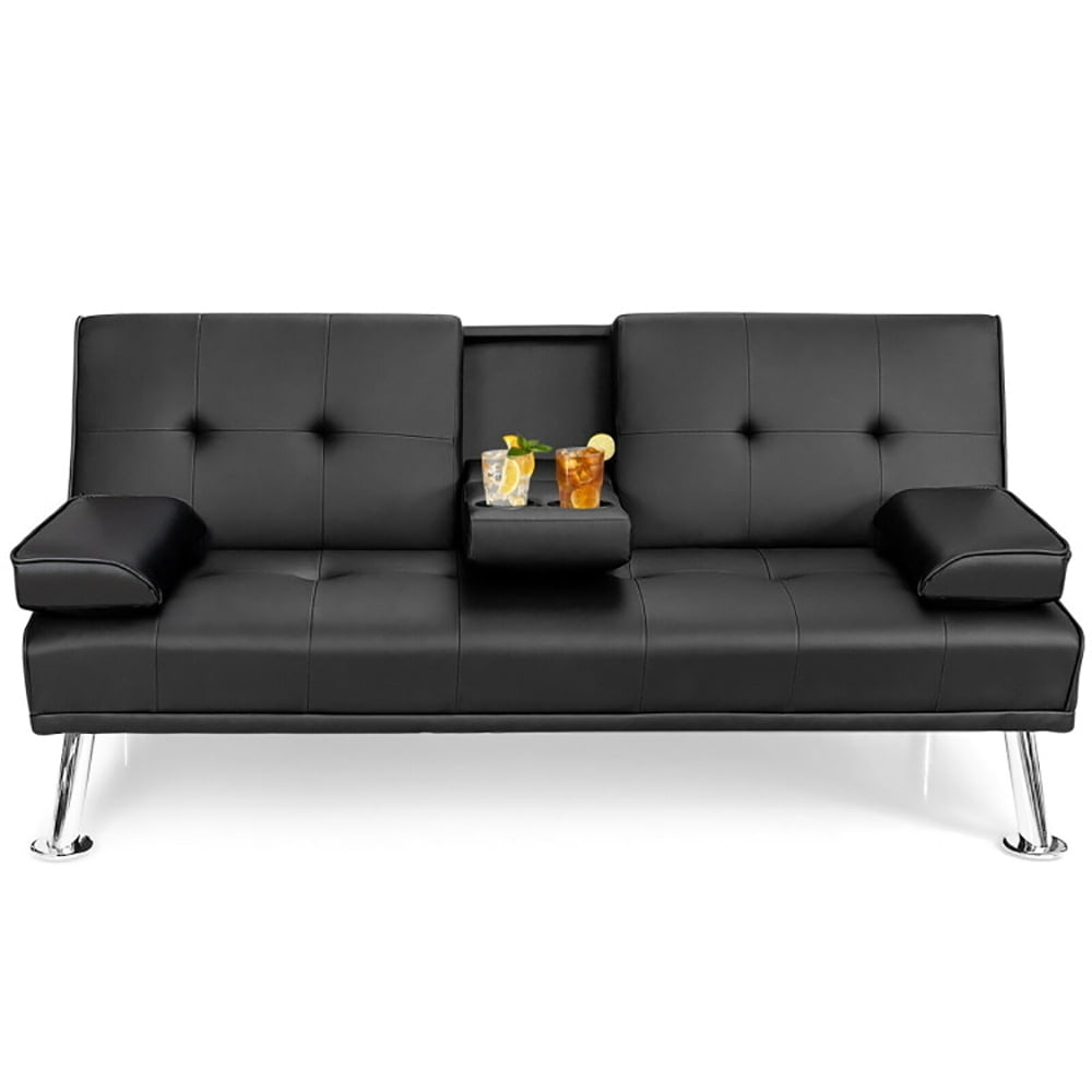 Hommoo Loveseat Sofa, Modern Couch, Convertible Folding Leather Futon Sofa with Cup Holders and Armrests-Black Image 1