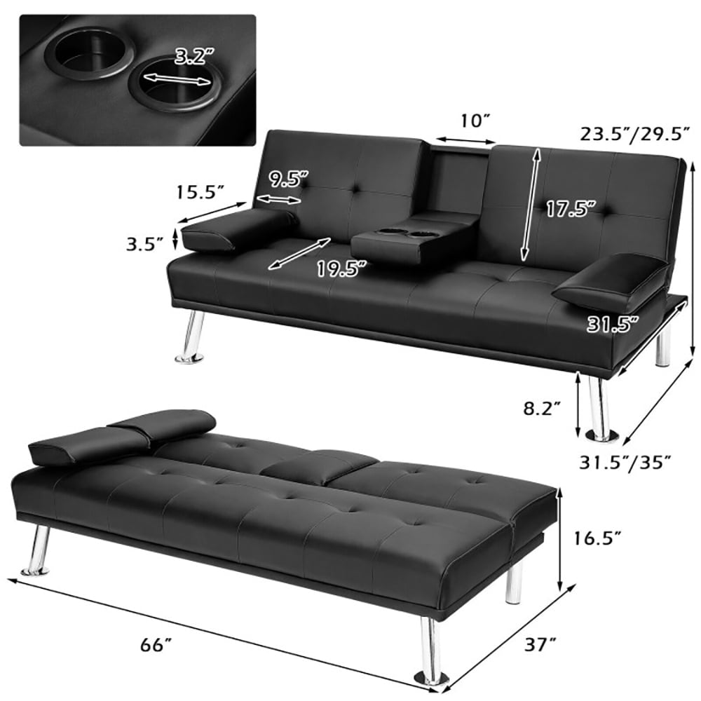 Hommoo Loveseat Sofa, Modern Couch, Convertible Folding Leather Futon Sofa with Cup Holders and Armrests-Black Image 3