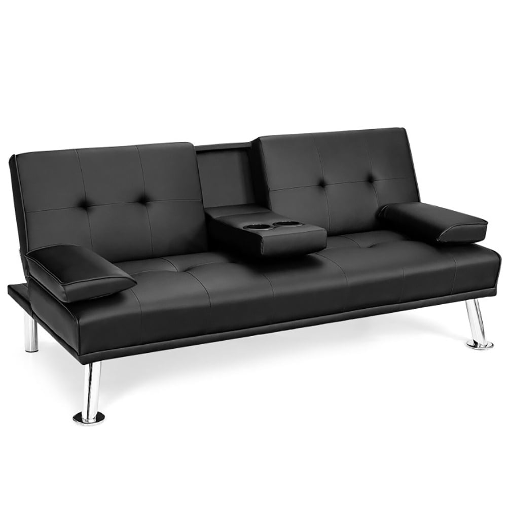 Hommoo Loveseat Sofa, Modern Couch, Convertible Folding Leather Futon Sofa with Cup Holders and Armrests-Black Image 4