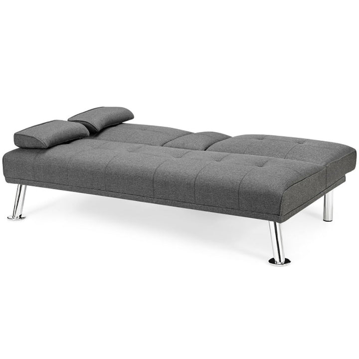 Hommoo Loveseat Sofa, Modern Couch, Convertible Folding Futon Sofa Bed Fabric with 2 Cup Holders-Light Gray Image 6