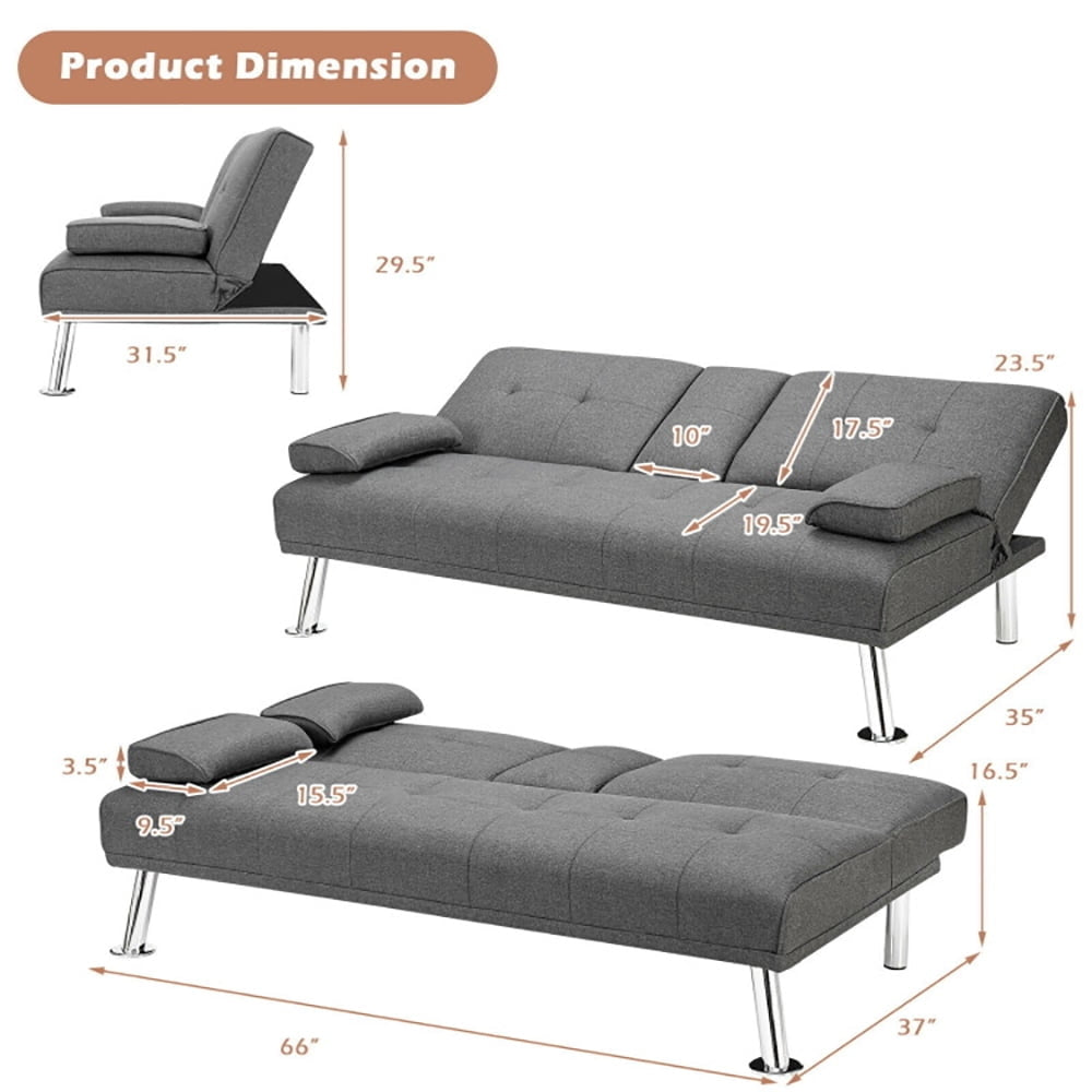 Hommoo Loveseat Sofa, Modern Couch, Convertible Folding Futon Sofa Bed Fabric with 2 Cup Holders-Light Gray Image 7