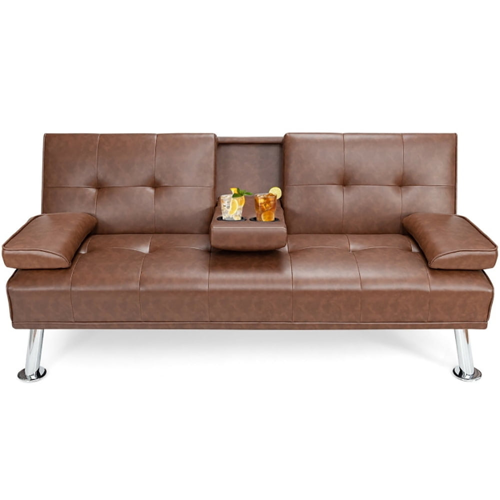 Hommoo Loveseat Sofa, Modern Couch, Convertible Folding Leather Futon Sofa with Cup Holders and Armrests-Brown Image 1