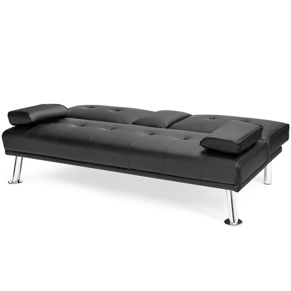 Hommoo Loveseat Sofa, Modern Couch, Convertible Folding Leather Futon Sofa with Cup Holders and Armrests-Black Image 5