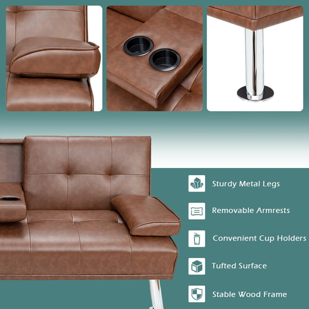 Hommoo Loveseat Sofa, Modern Couch, Convertible Folding Leather Futon Sofa with Cup Holders and Armrests-Brown Image 2